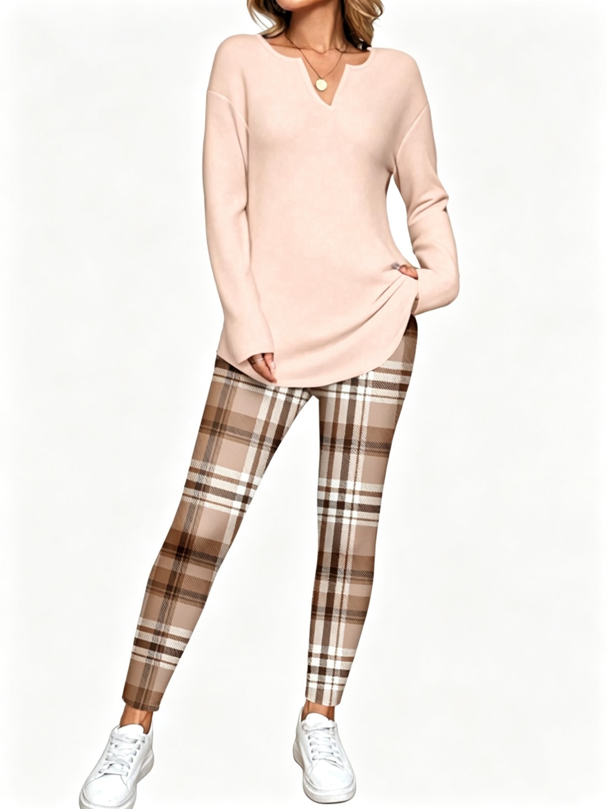 Women's Plaid Two-Piece Top And Legging Set