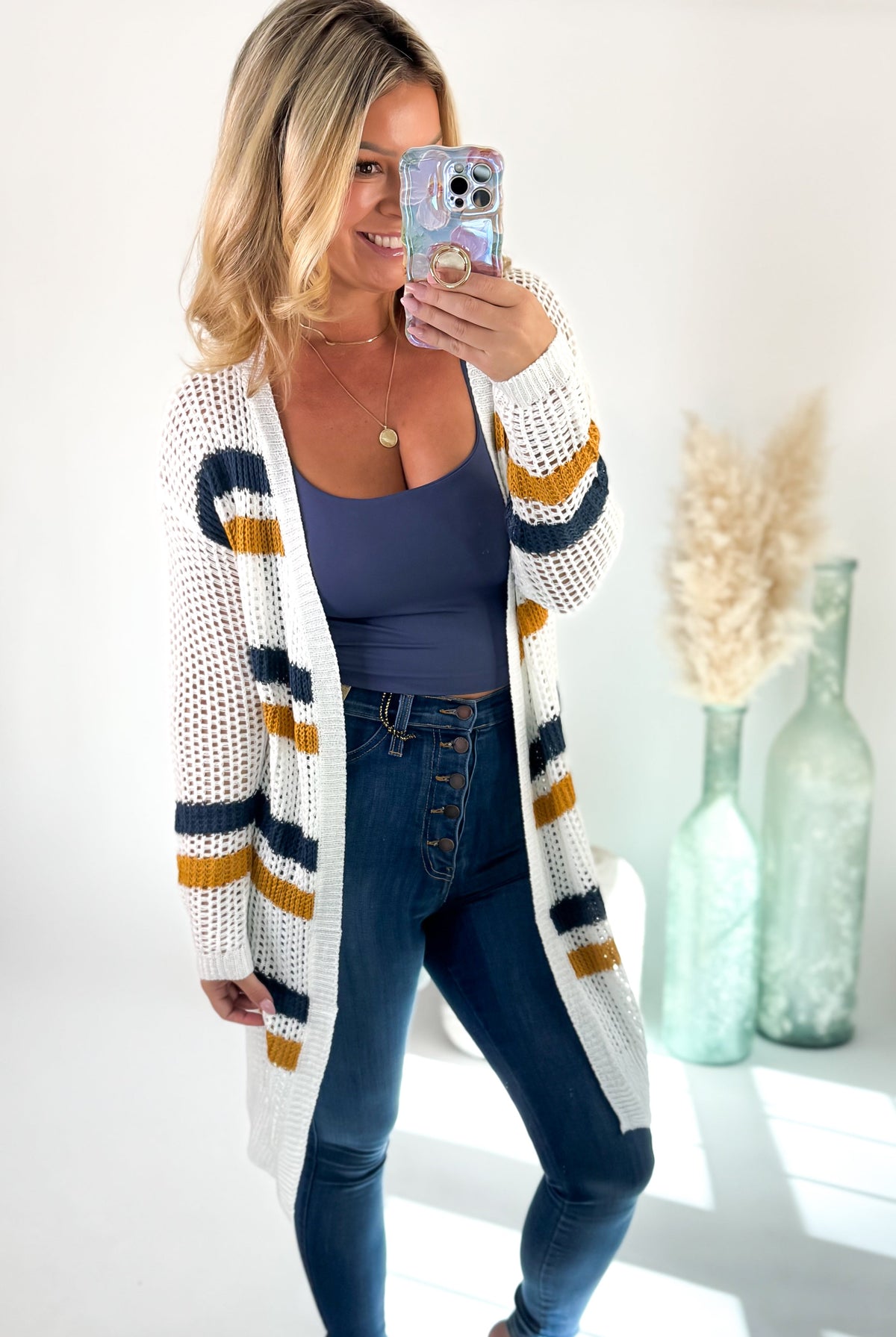 Women's Striped Open-Knit Cardigan