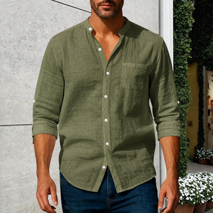 Men's Linen-Blend Stand Collar Shirt