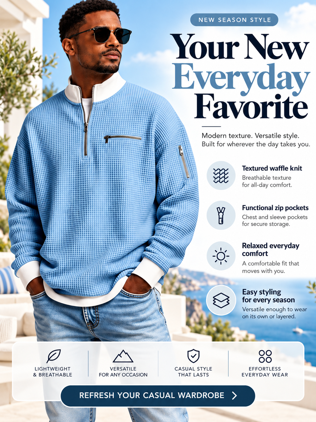 Men's Waffle Knit Quarter-Zip Sweatshirt
