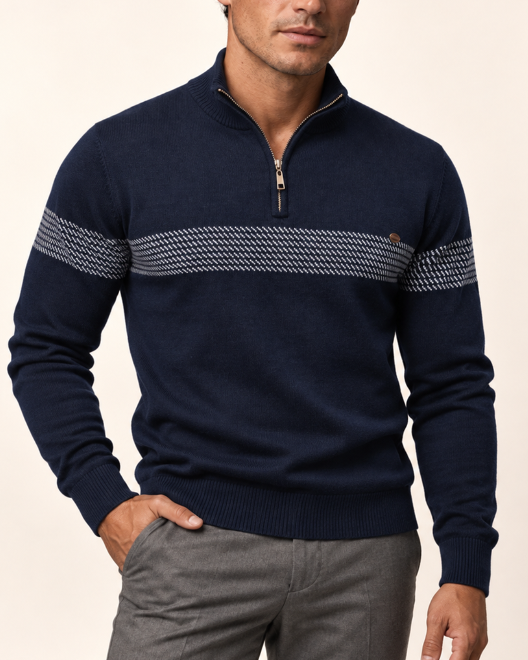 Unisex Cotton-Poly Quarter-Zip Stripe Sweater