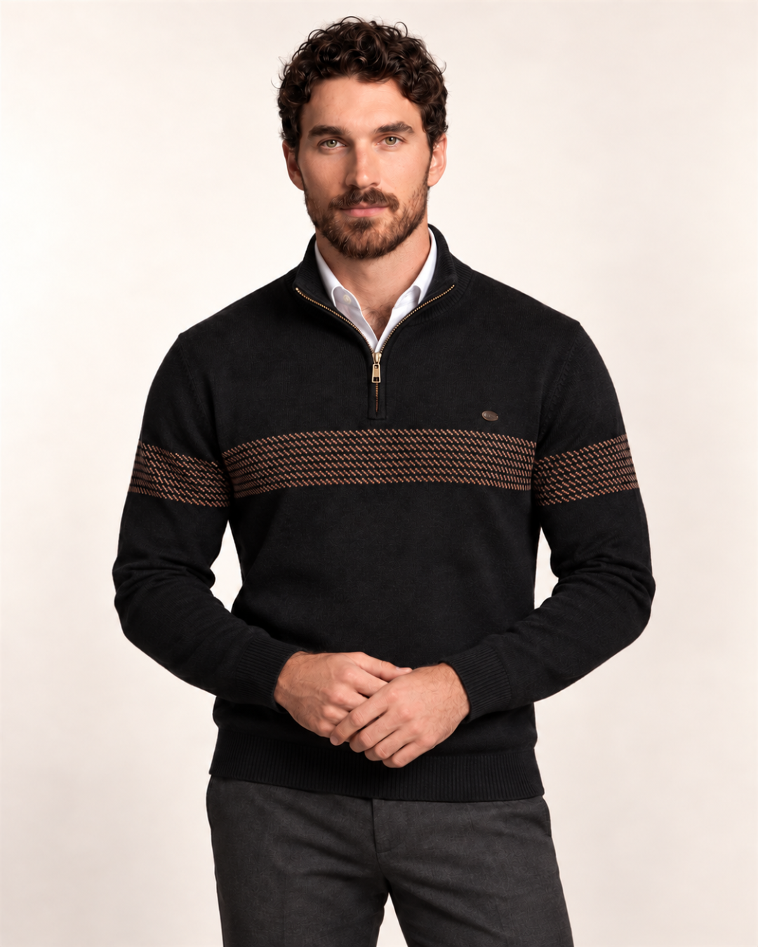 Unisex Cotton-Poly Quarter-Zip Stripe Sweater