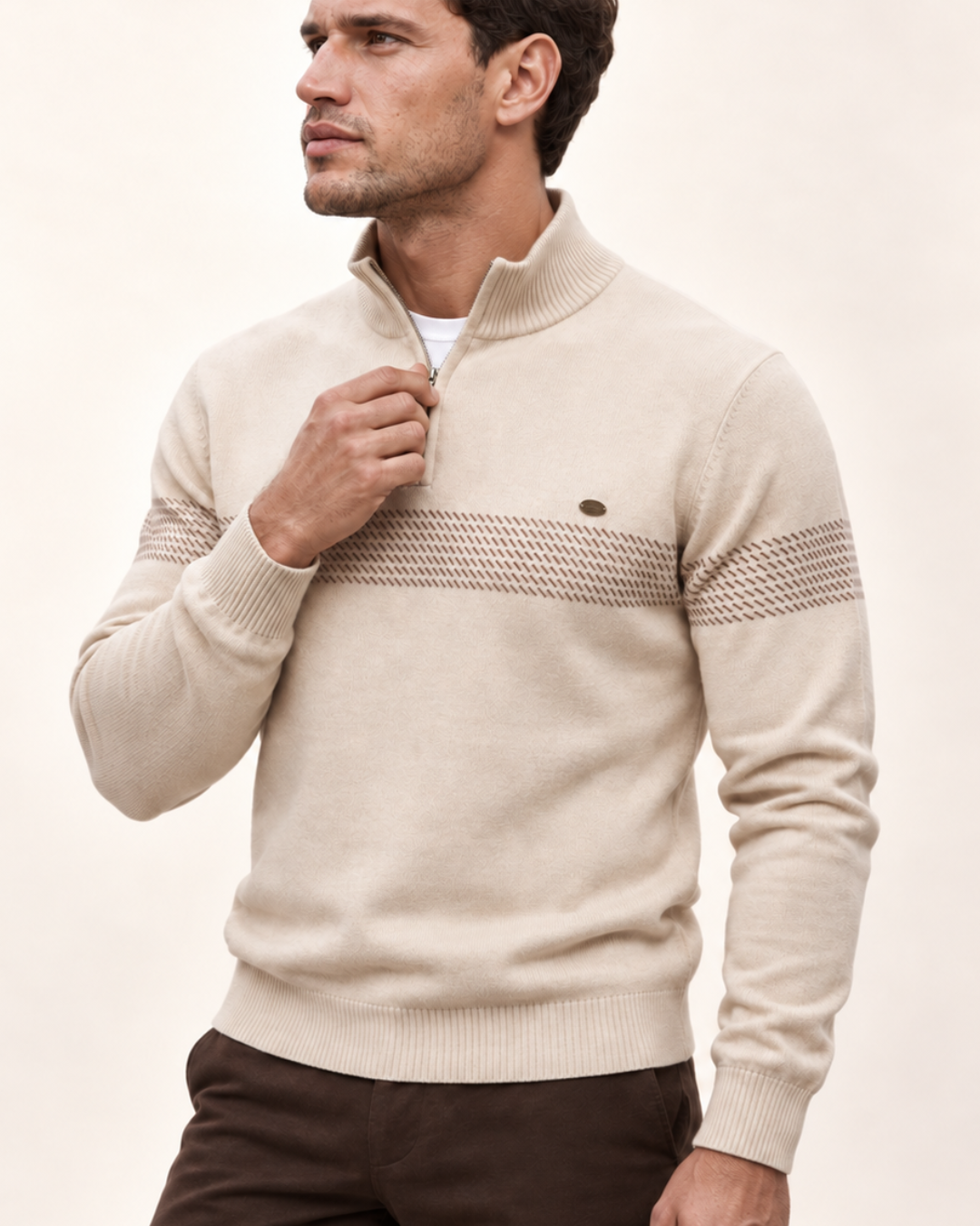 Unisex Cotton-Poly Quarter-Zip Stripe Sweater