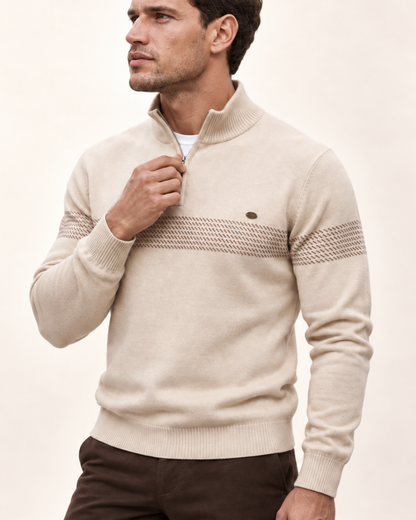 Unisex Cotton-Poly Quarter-Zip Stripe Sweater