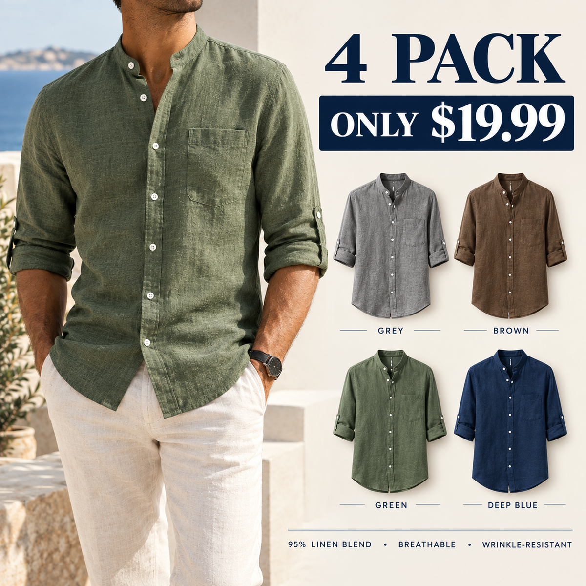 Men's Linen-Blend Stand Collar Shirt