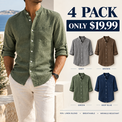 Men's Linen-Blend Stand Collar Shirt