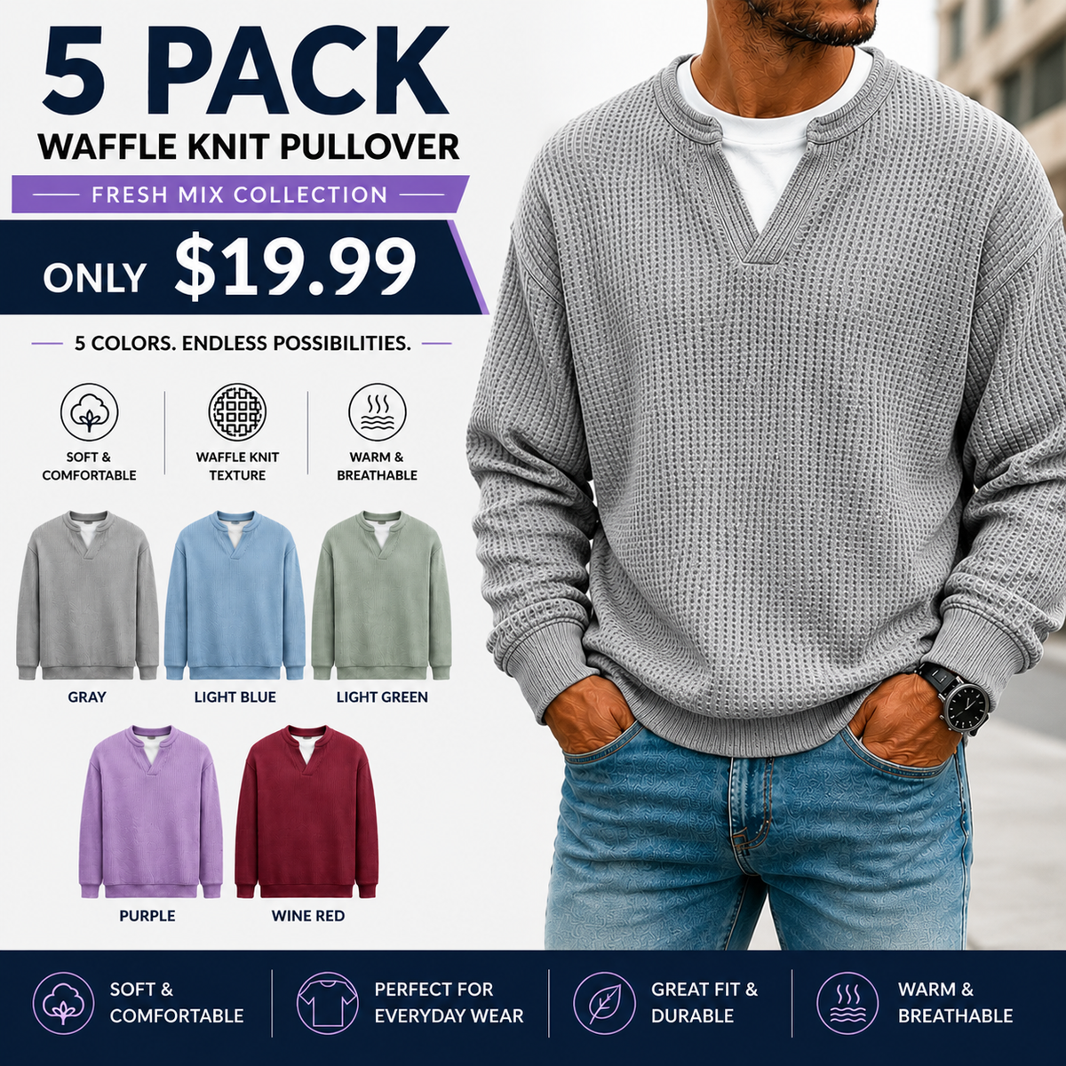 Men's Waffle Knit Thermal Pullover Sweater