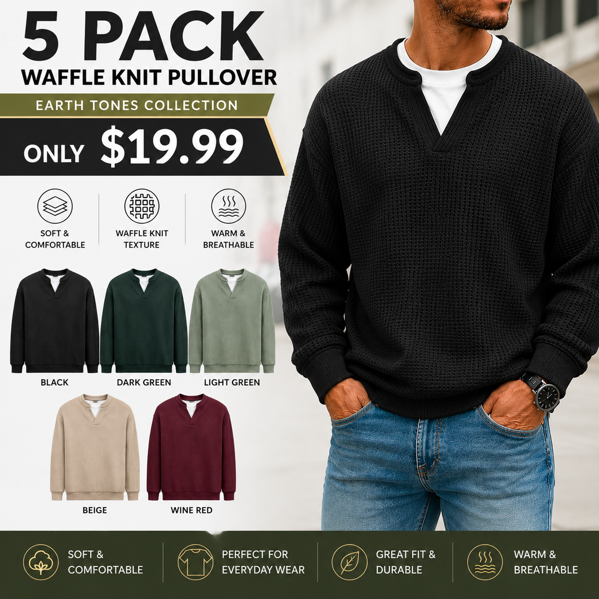 Men's Waffle Knit Thermal Pullover Sweater
