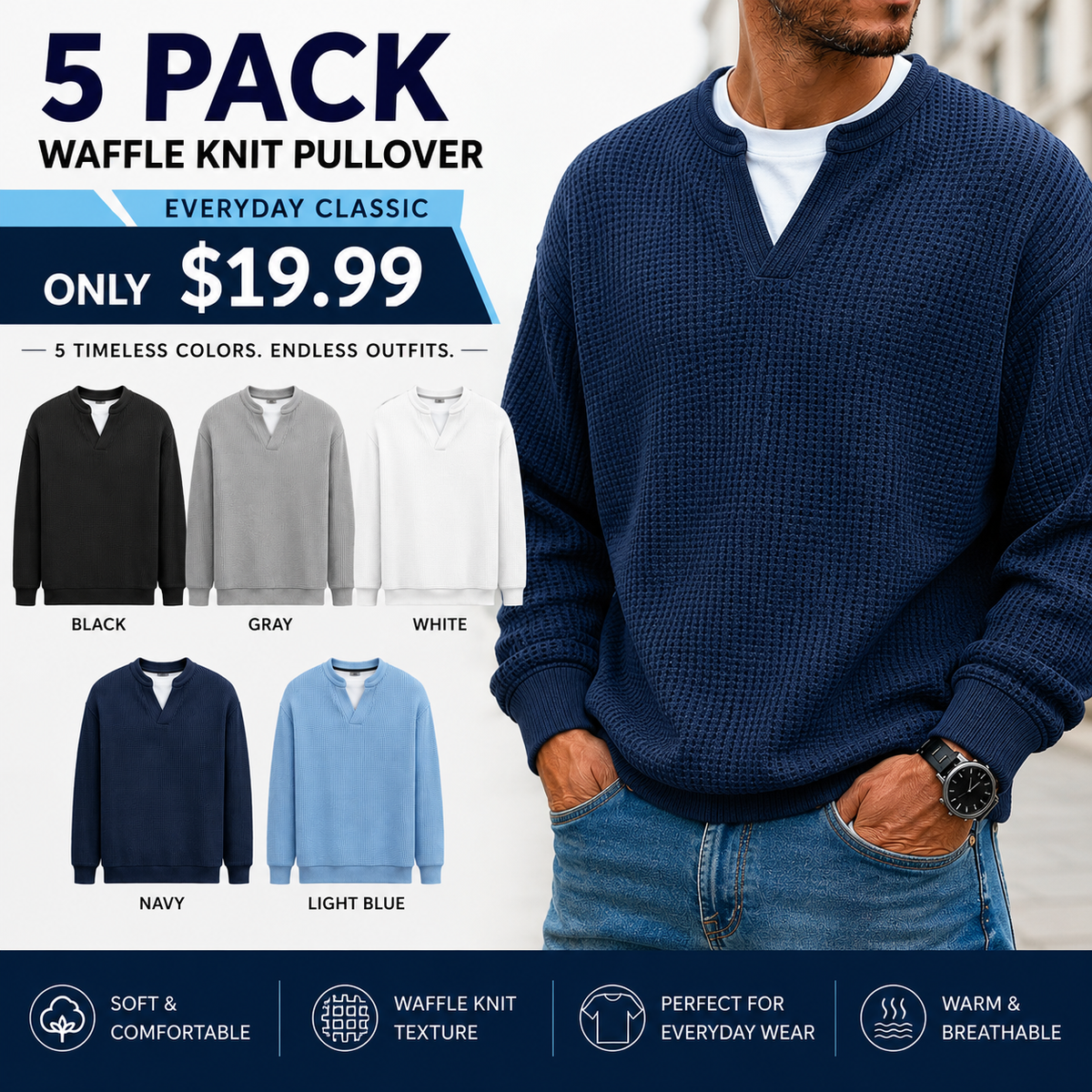 Men's Waffle Knit Thermal Pullover Sweater