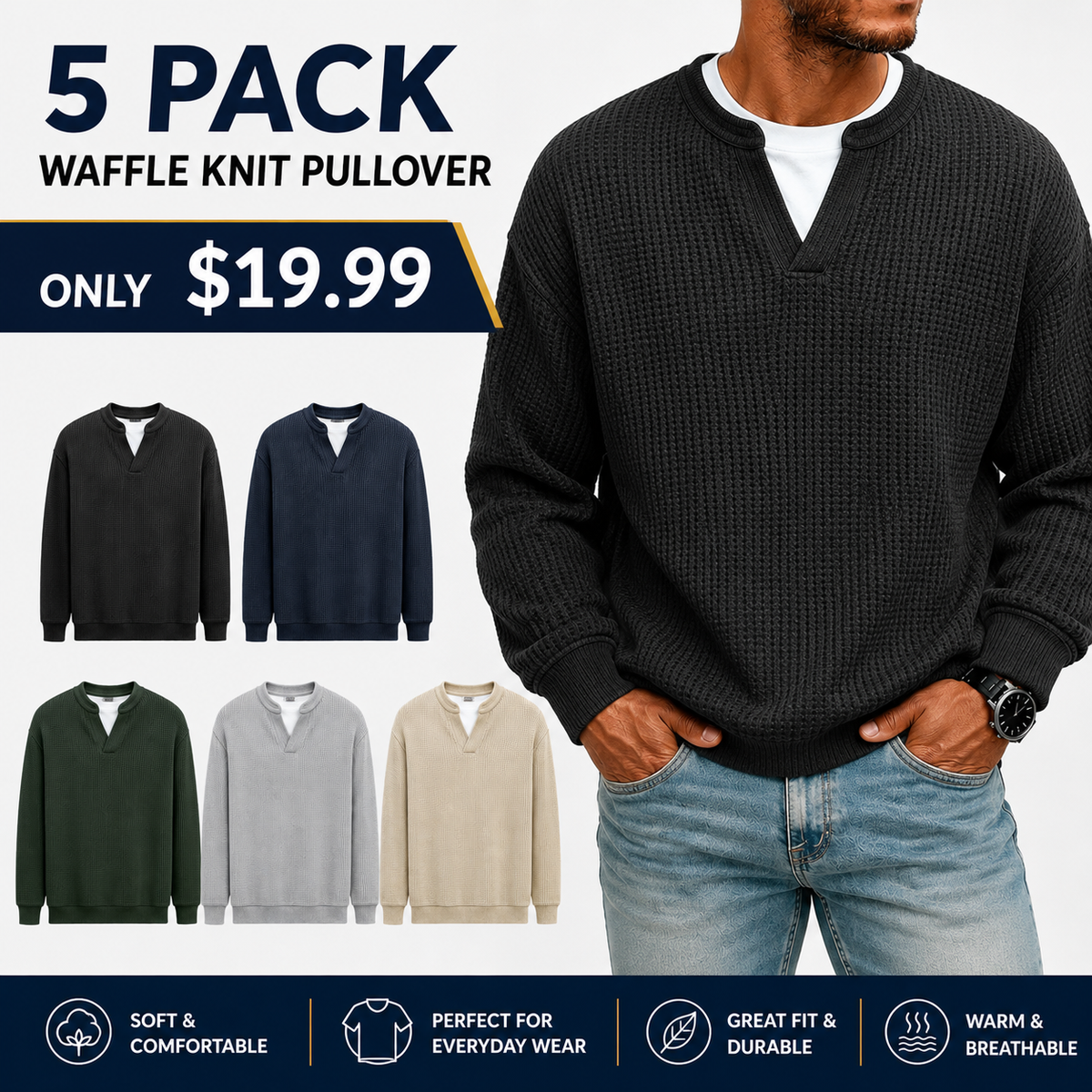 Men's Waffle Knit Thermal Pullover Sweater