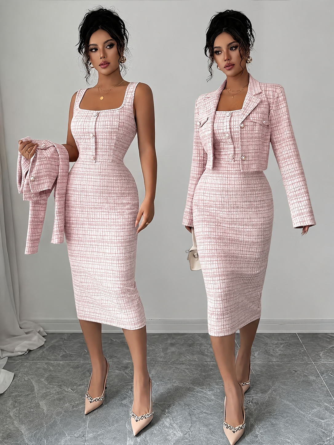 Women's Plaid Tweed Blazer & Midi Dress Set