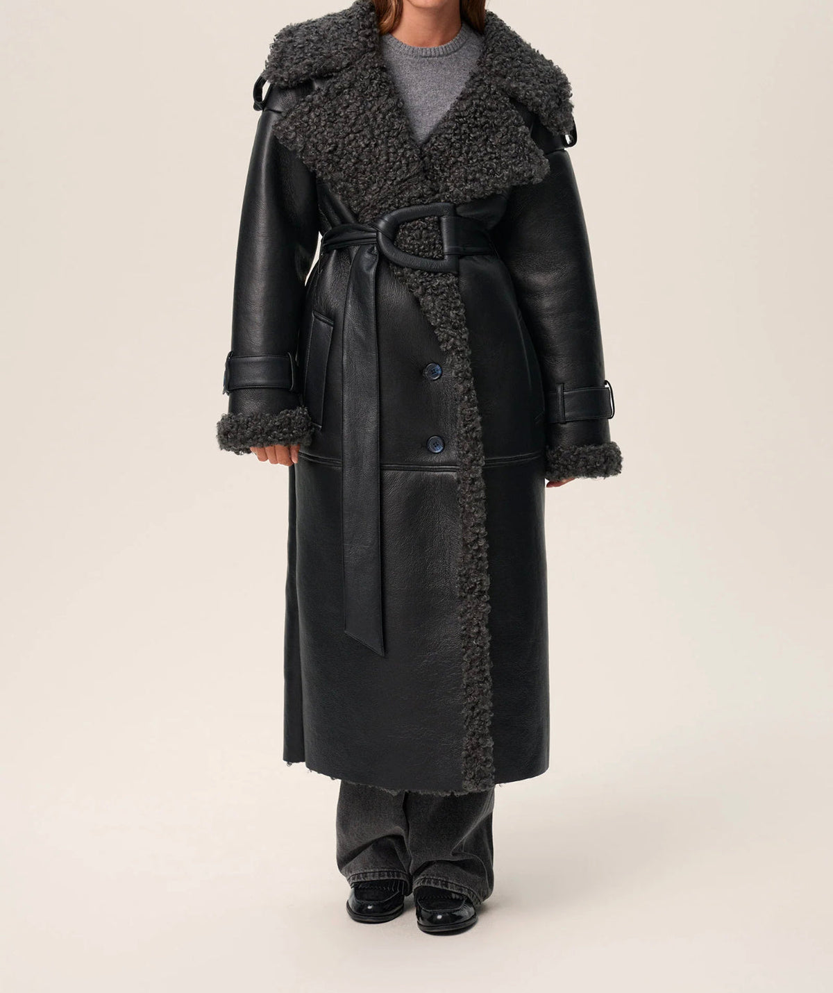 Women's Leather Coat with Lambswool-Look Lining