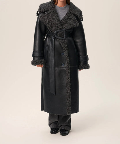 Women's Leather Coat with Lambswool-Look Lining