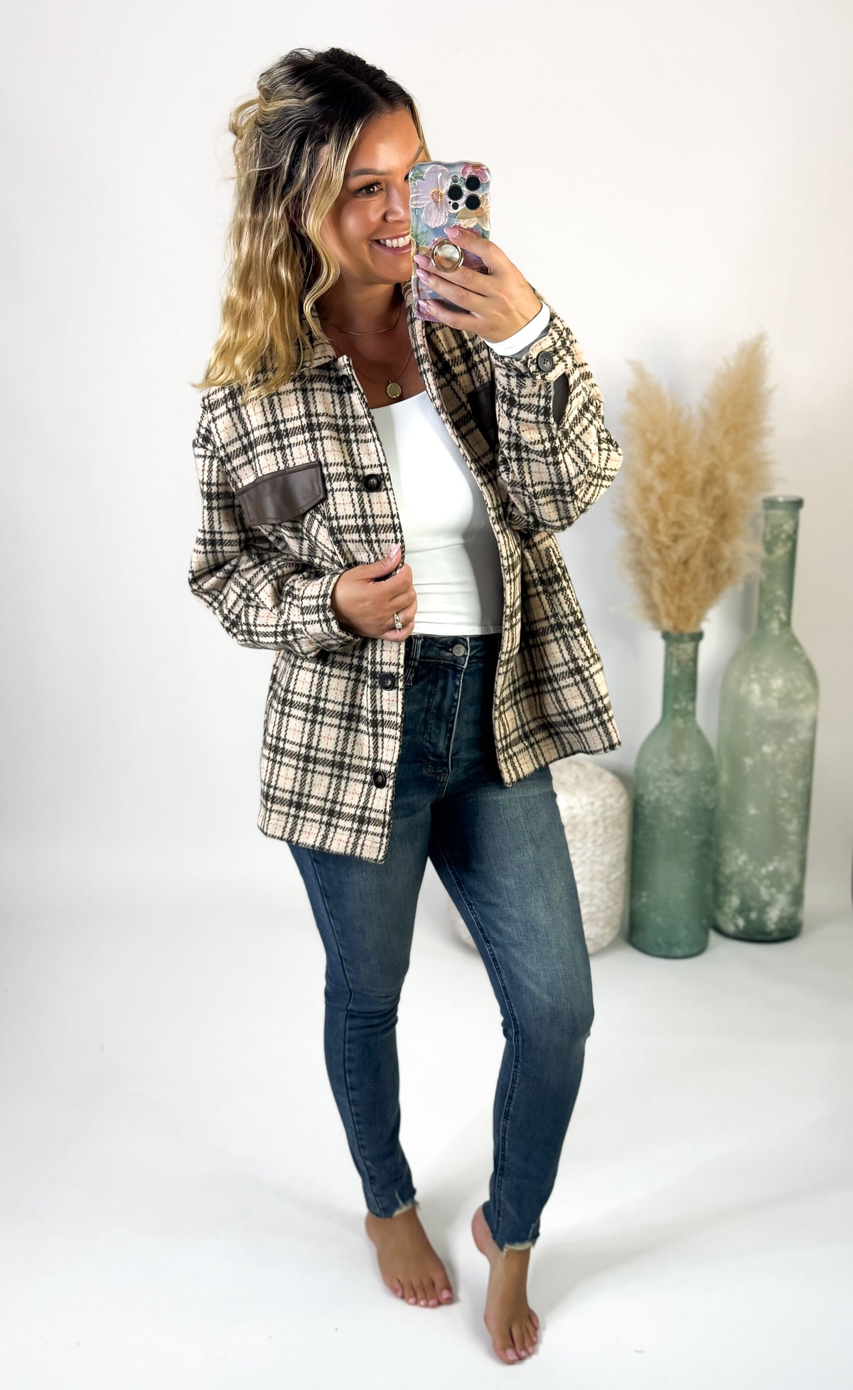 Women's Plaid Shacket With Vegan Leather Trim