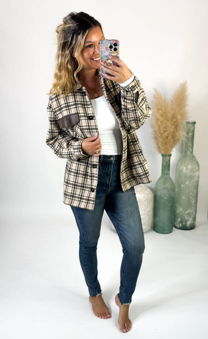 Women's Plaid Shacket With Vegan Leather Trim