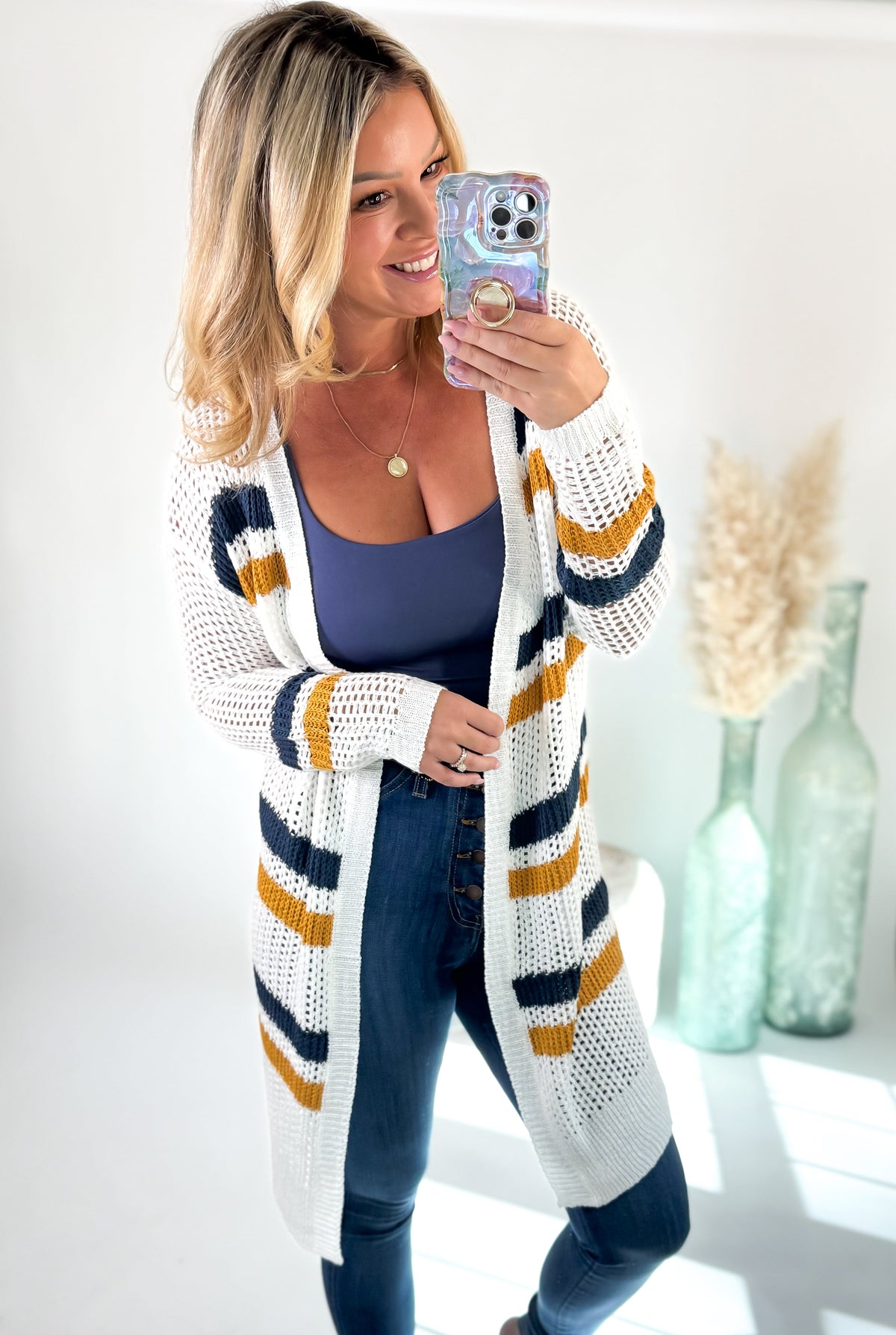Women's Striped Open-Knit Cardigan