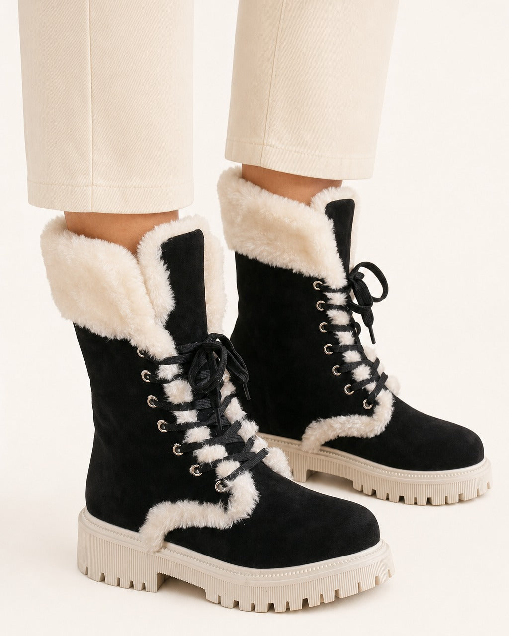Women's Suede Mid-Calf Boots with Plush Lining – Lace-Up, Black