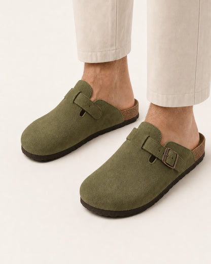 Unisex Genuine Suede Slip-On Flat Casual Clogs – Army Green