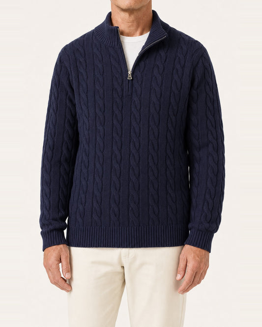 Unisex Cotton Cable-Knit Half-Zip Sweater – Tailored Fit, Navy
