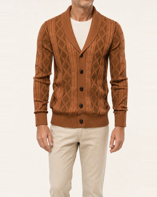 Men's Cotton Cable-Knit Shawl Collar Cardigan – Rust