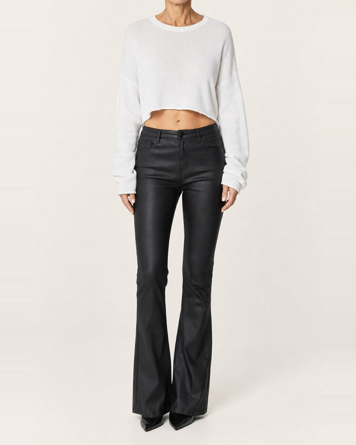 Women's Coated Leather Flare Pants – High-Waisted, Black