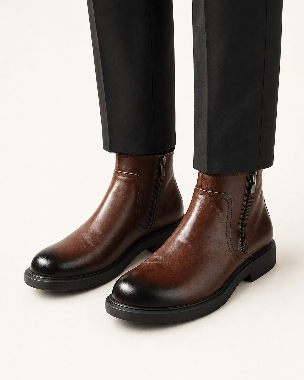 Men's Leather Side-Zip Dress Boots – Burnished Finish, Dark Brown