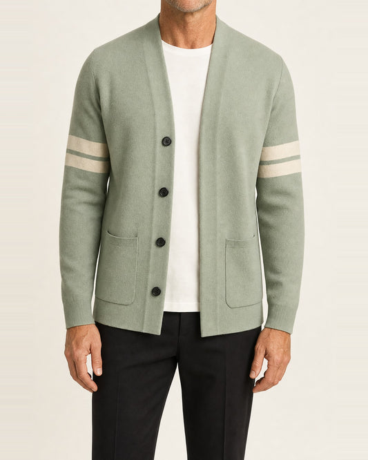 Men's Merino Wool-Blend Striped-Sleeve Cardigan – Tailored Fit, Light Green
