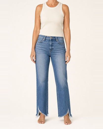 Women's Stretch Cotton-Blend Distressed Hem Straight-Leg Jeans