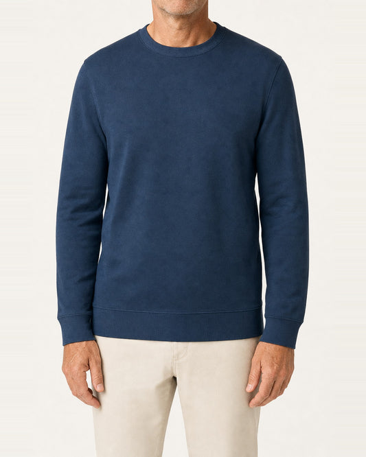 Men's Cotton-Modal French Terry Crew Neck Sweater – Relaxed Fit, Blue