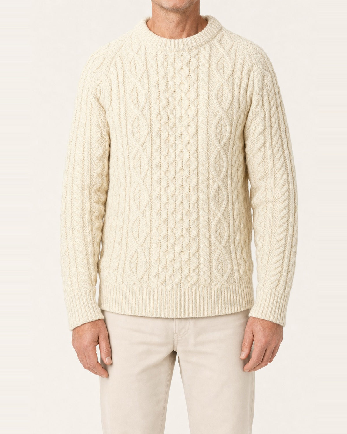 Unisex British Wool Cable Knit Crew Neck Jumper – Ecru