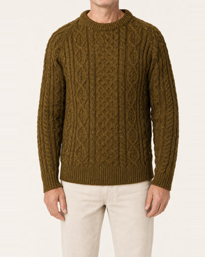 Unisex British Wool Cable Knit Crew Neck Jumper – Khaki