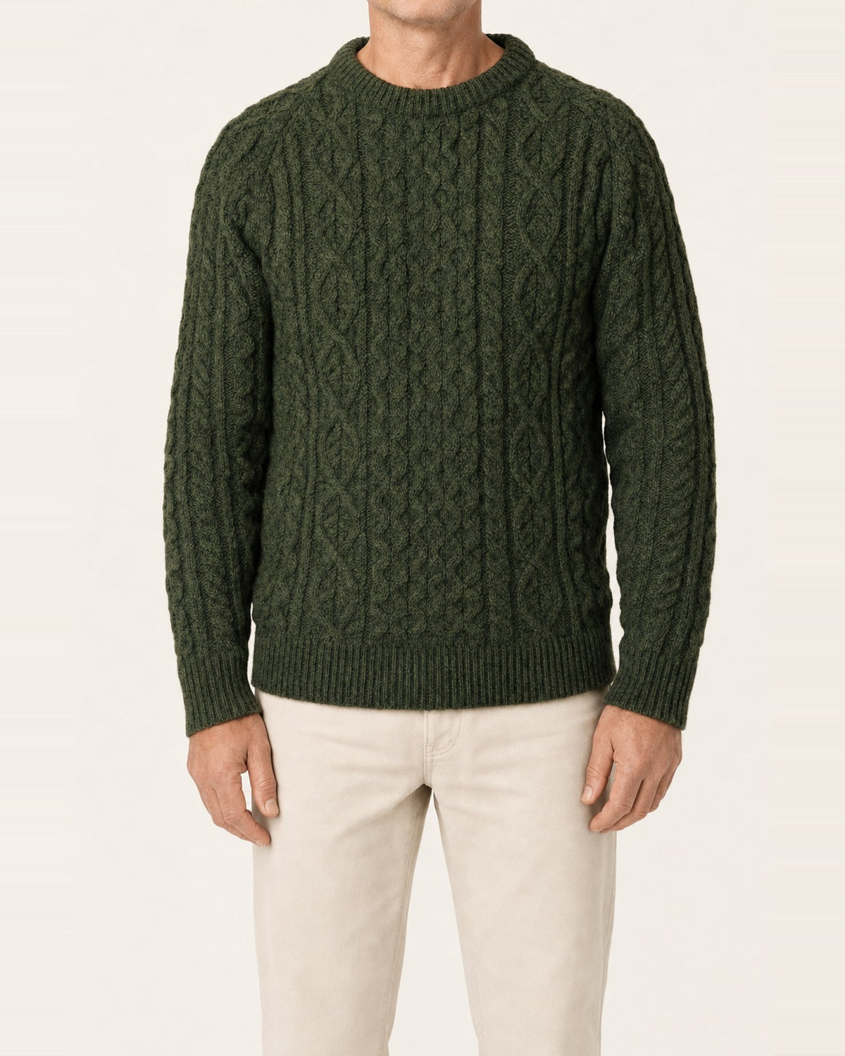 Unisex British Wool Cable Knit Crew Neck Jumper – Olive