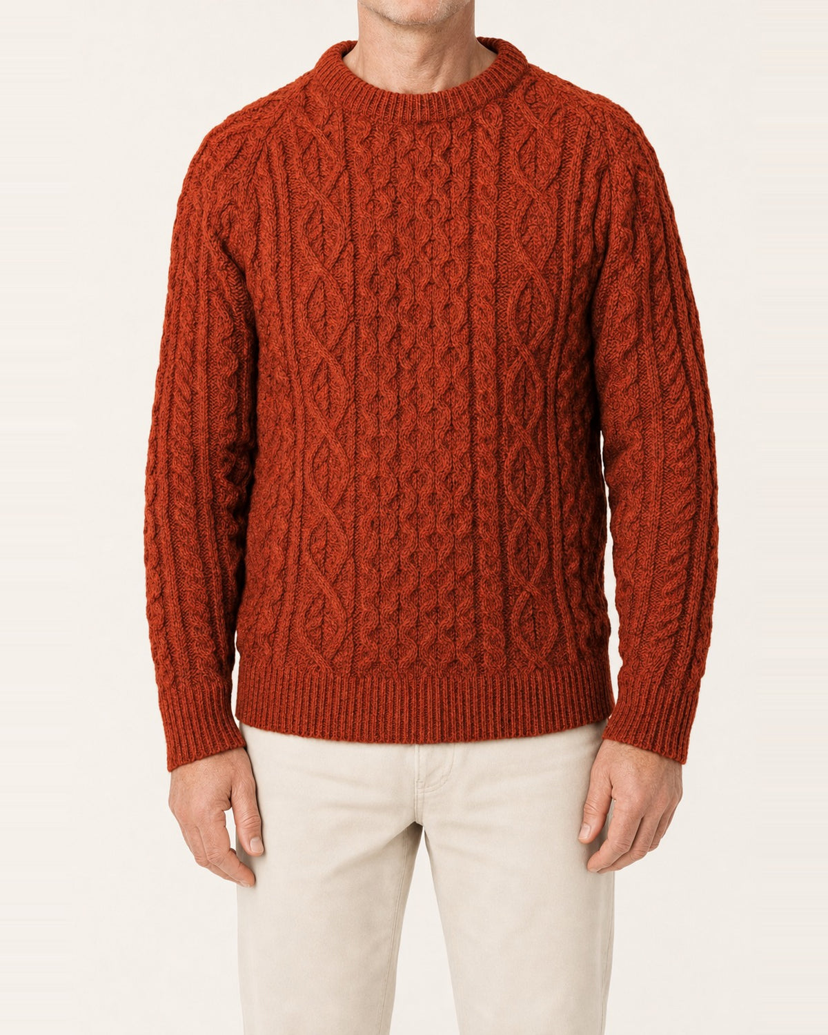 Unisex British Wool Cable Knit Crew Neck Jumper – Orange