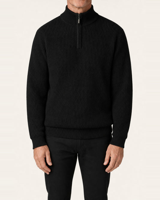 Men's Ribbed Knit Half-Zip Sweater – High Stand Collar, Black