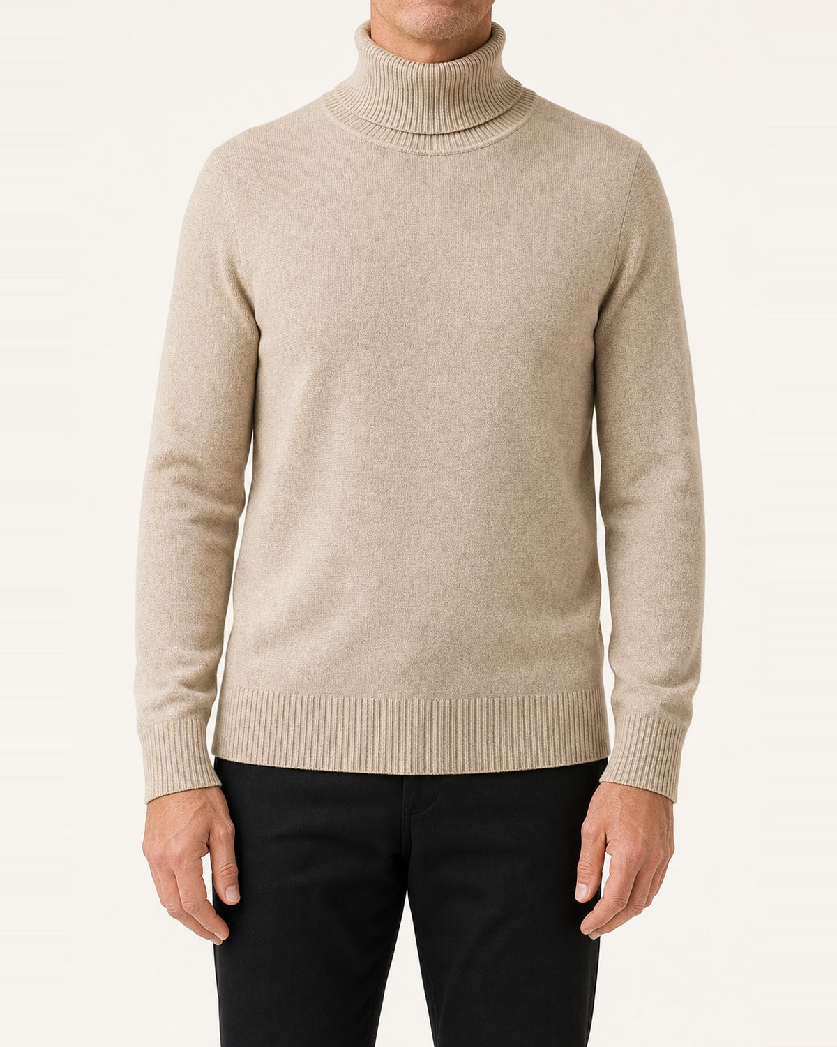 Unisex Cashmere-Blend Ribbed Turtleneck Sweater – Tailored Fit, Beige
