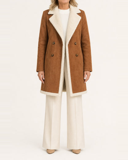 Women's Wool Double-Breasted Plush-Lined Coat – Mid-Length, Brown