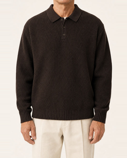 Men's Cotton Waffle-Knit Polo Sweater – Relaxed Fit, Brown
