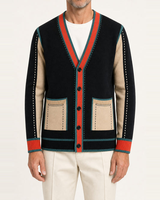 Men's Wool-Blend Contrast-Trim Patch-Pocket Cardigan – Black