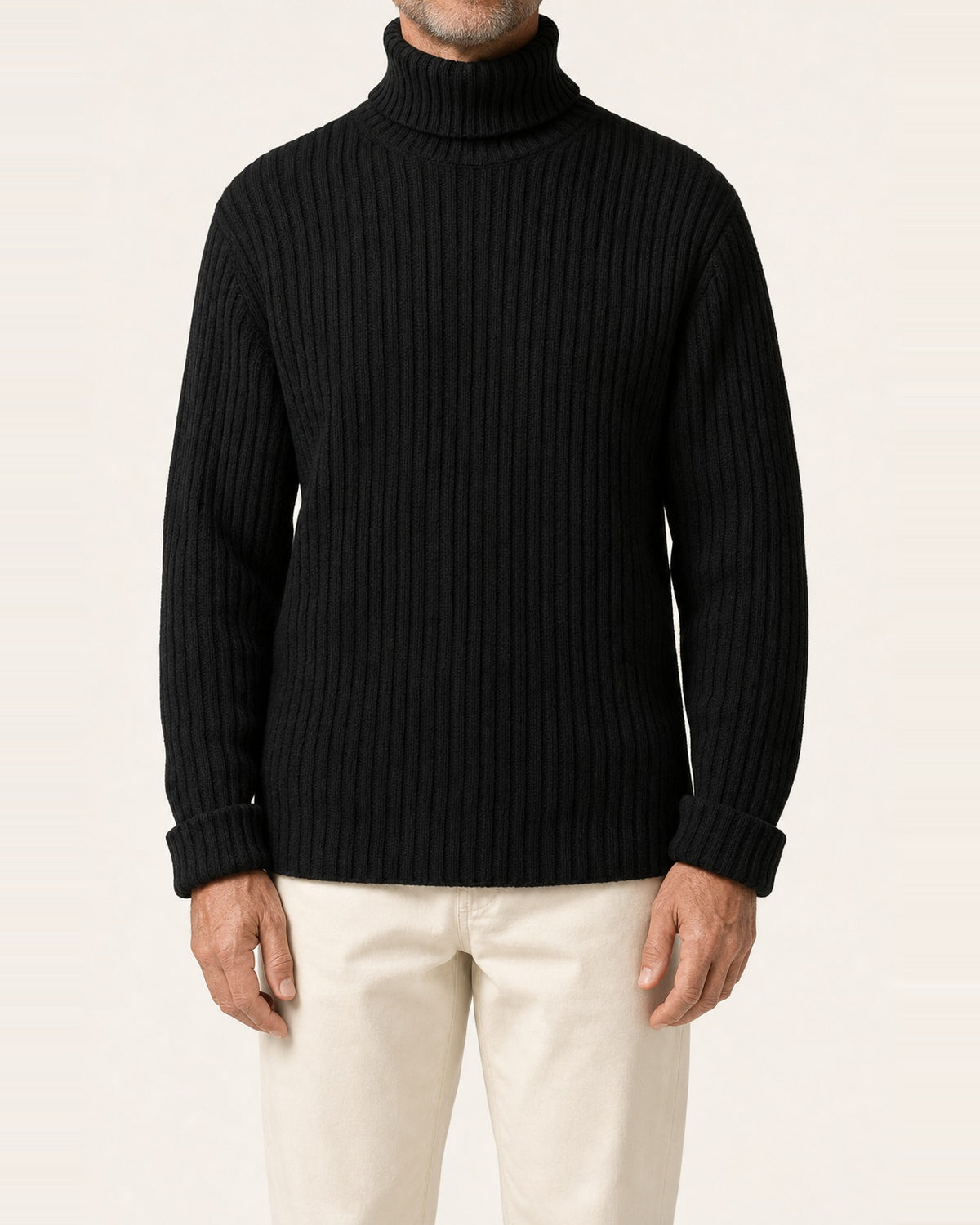 Men's Cotton Ribbed Turtleneck Sweater – Slim Fit, Black