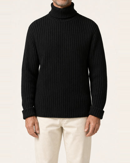 Men's Cotton Ribbed Turtleneck Sweater – Slim Fit, Black