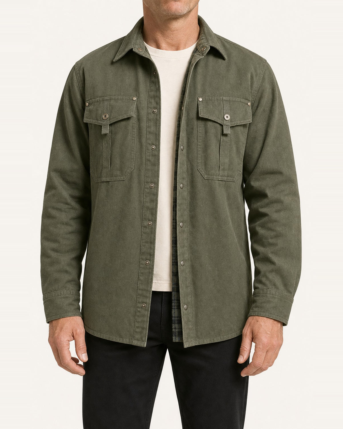 Men's Flannel-Lined Shirt Jacket – Snap Button Closure, Army Green