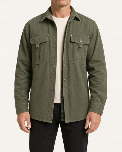 Men's Flannel-Lined Shirt Jacket – Snap Button Closure, Army Green