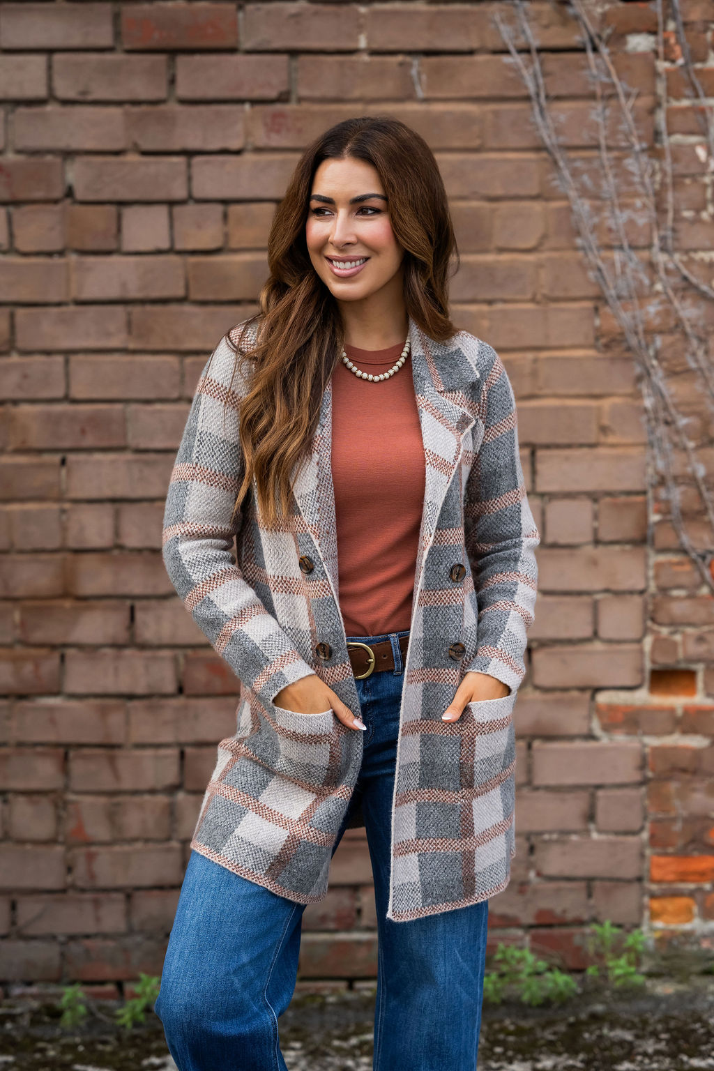 Women's Plaid Longline Button-Front Cardigan