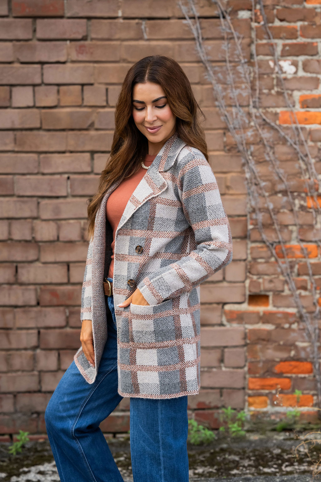 Women's Plaid Longline Button-Front Cardigan