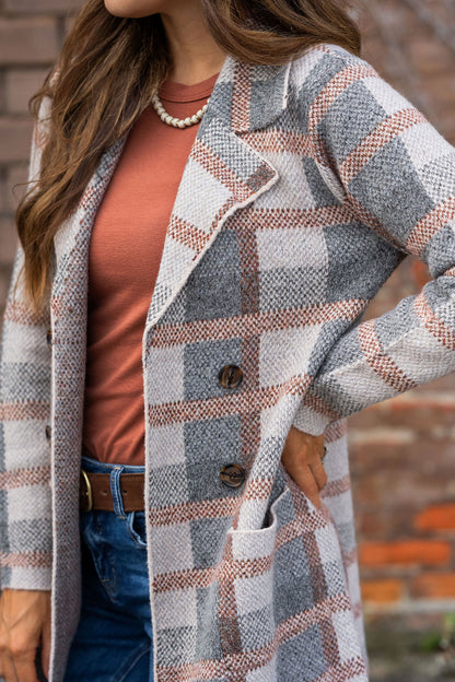Women's Plaid Longline Button-Front Cardigan