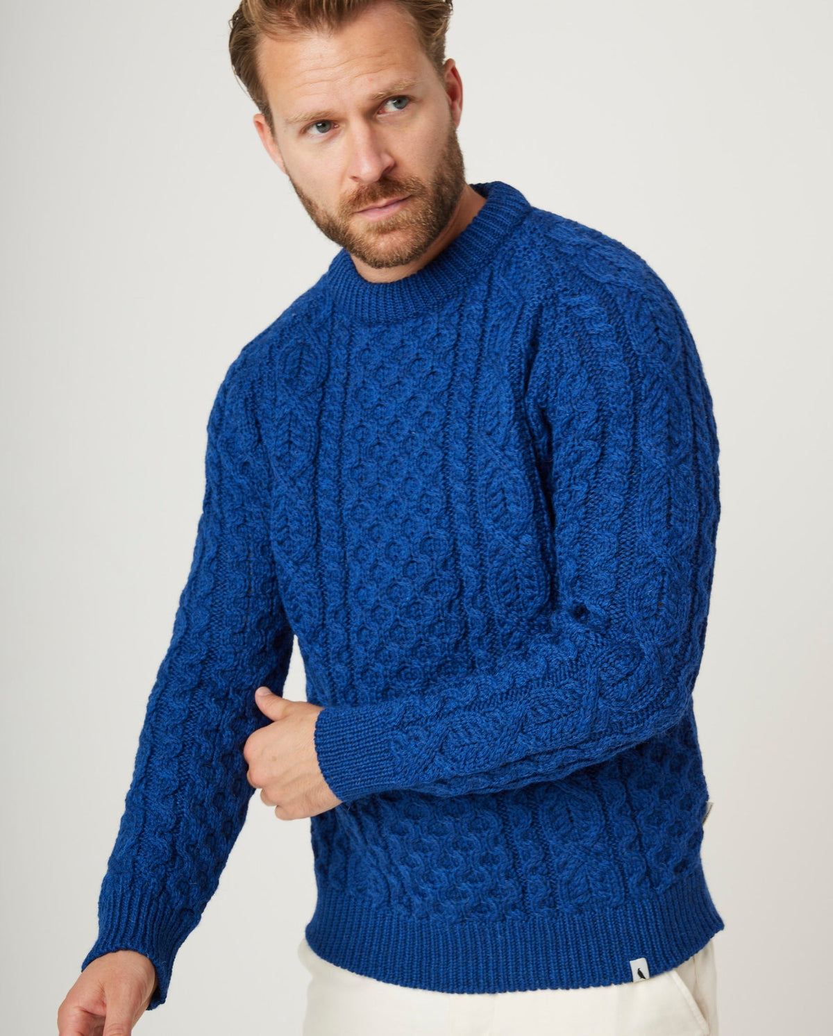 Unisex British Wool Cable Knit Crew Neck Jumper, view 4