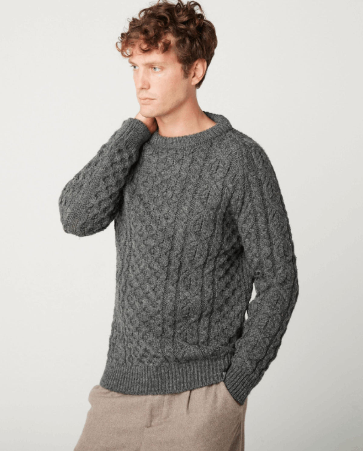 Unisex British Wool Cable Knit Crew Neck Jumper, view 2