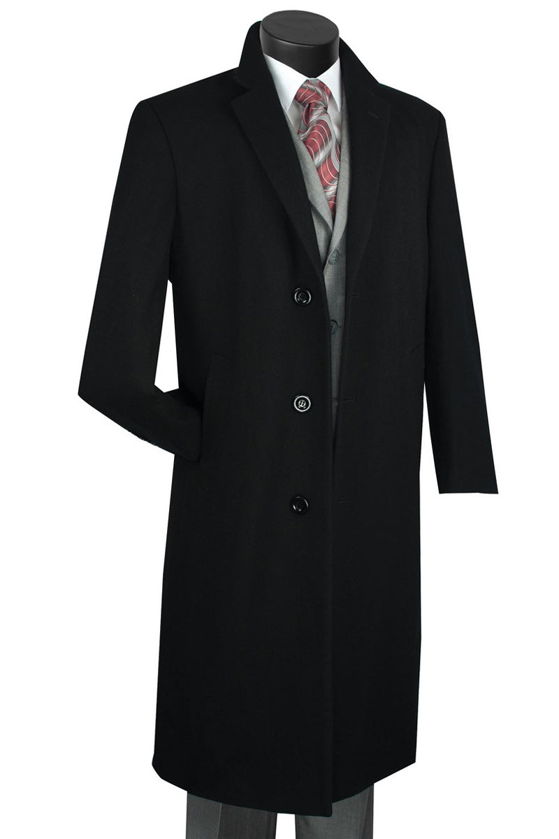 Men's Wool & Cashmere Full-Length Overcoat – Notch Lapel, Black