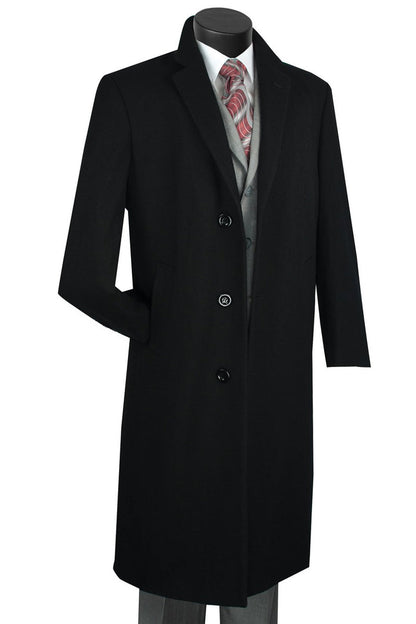 Men's Wool & Cashmere Full-Length Overcoat – Notch Lapel, Black