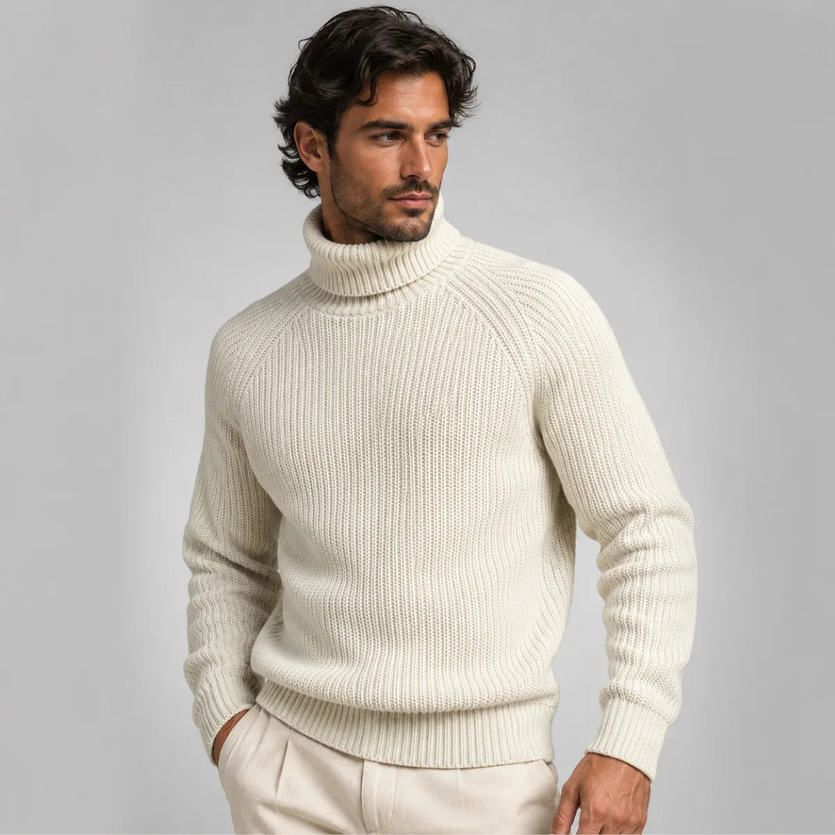 Men's Chunky Wool Ribbed Turtleneck Sweater – Relaxed Fit, White
